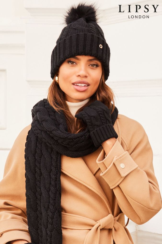 Ladies black pom pom hat clearance