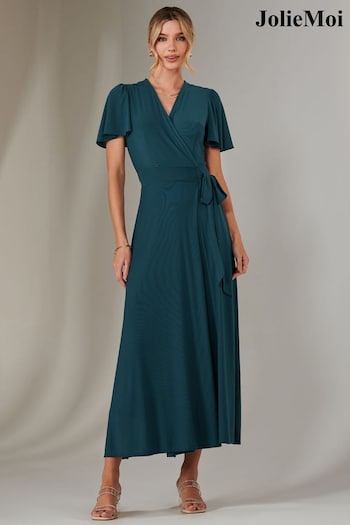 Jolie Moi Green Plain Angel Sleeve Wrapped Maxi Dress (AN7446) | £85