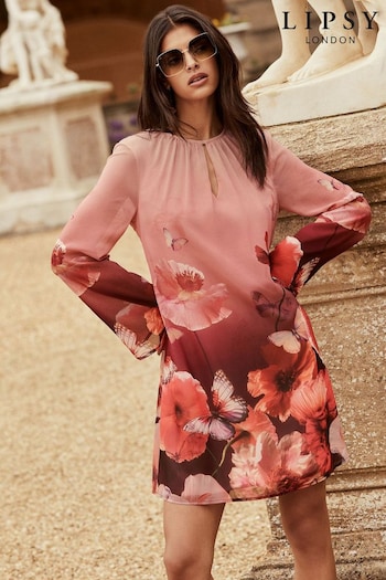 Lipsy Pink Floral Placement Print Long Sleeve Mini Shift Dress (AN8302) | £60