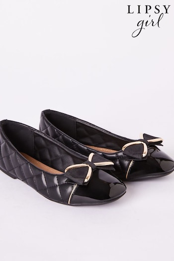 Lipsy Black Faux Leather Flat Slip On Quilted Bow Ballerina School Shoes (AN9029) | £18 - £22