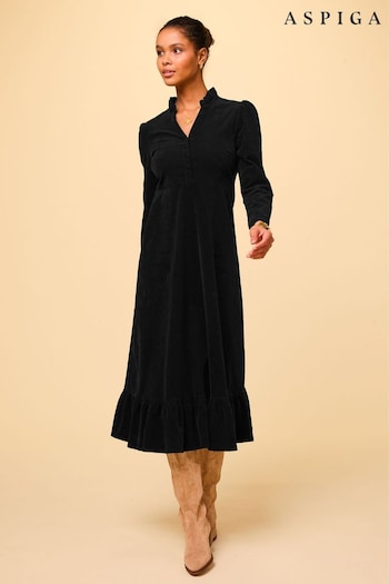 Aspiga Black 100% Cotton Percy Midi Stretch Corduroy Dress (AN9147) | £250