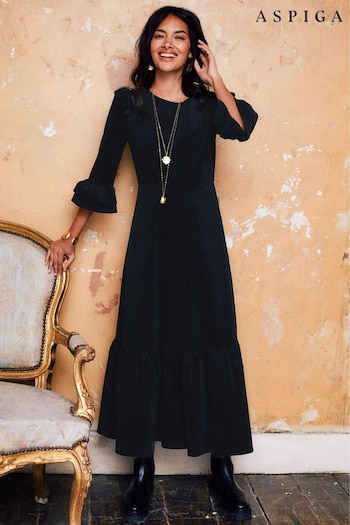 Aspiga Black 100% Cotton Victoria Round Neck Corduroy Dress (AN9150) | £250