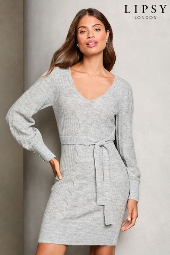 Lipsy Grey V-Neck Cable Knitted Dress (AN9797) | £48