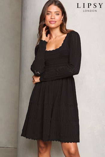 Lipsy Black Long Sleeve Stitch Detail Lantern Knitted Dress (AN9803) | £58