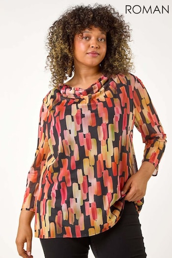 Roman Pink Curve Abstract Print Mesh Cowl Neck Tunics Top (AP0657) | £45