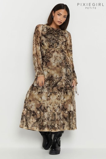 PixieGirl Petite Beige Brown Snake Print Mesh Tiered Dress (AP3200) | £39