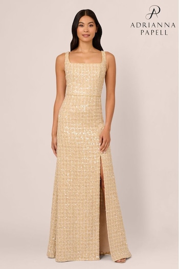 Adrianna Papell Natural Square Neck Boucle Gown (AP4521) | £289