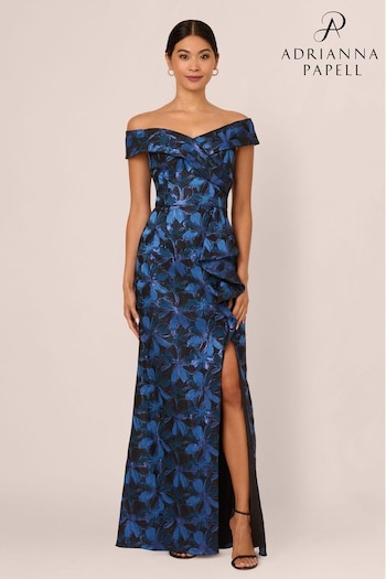 Adrianna Papell Blue Off Shoulder Jacquard Gown (AP4534) | £289