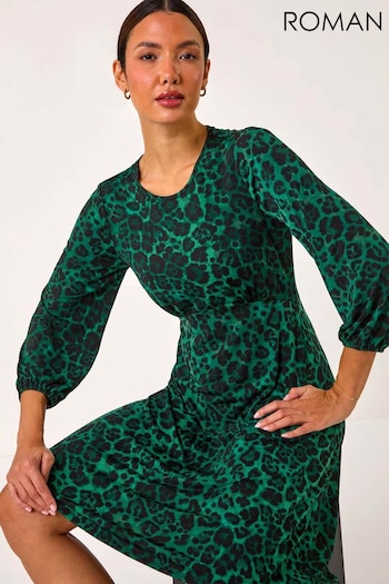 Roman Green Animal Print A-Line Gathered Dress (AP5777) | £50