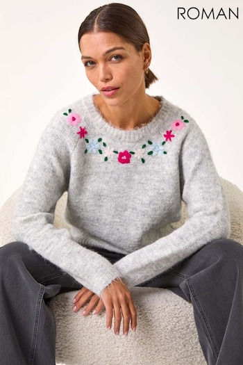 Roman Grey Floral Embroidered Knit Jumper (AP5808) | £48