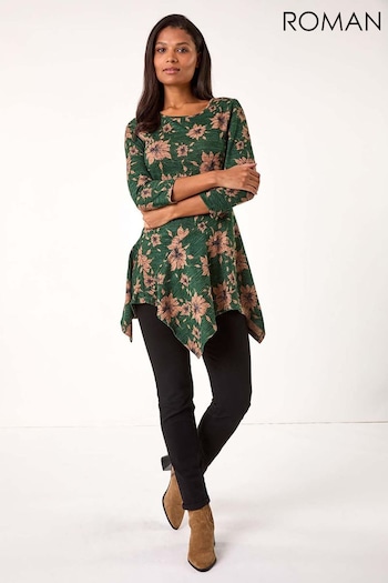 Roman Green Floral Print Hanky Hem Stretch Top (AP5849) | £40