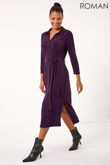 Roman Purple V-Neck Belted Shirt Midi Dress (AP5995) | £50