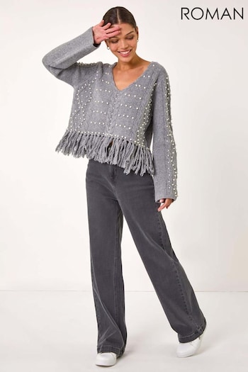 Roman Grey V-Neck Fringe Textured Jumper (AP6008) | £48