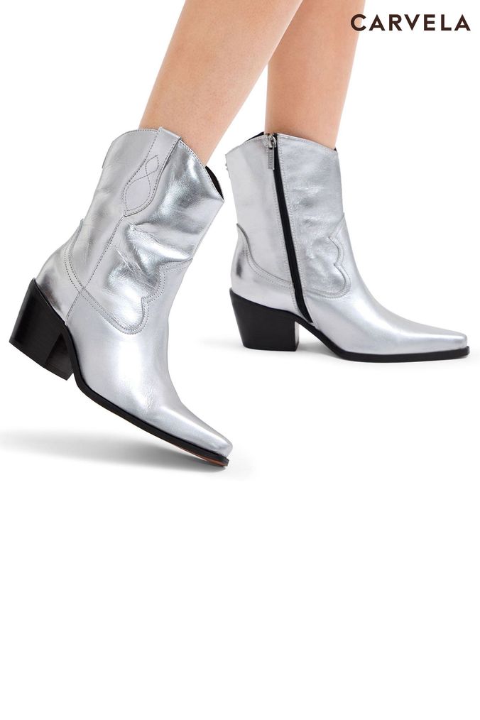 Silver block heel booties online
