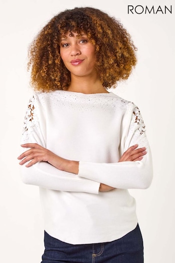 Roman White Curve Contrast Embellished Knit Jumper (AR4541) | £42