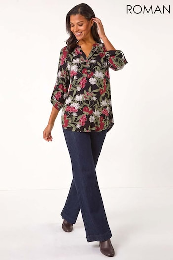 Roman Green Floral Print Stretch Blouse (AR7746) | £40