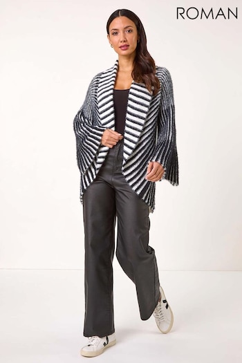 Roman Black Shawl Fluffy Striped Knit Cardigan (AR8793) | £45