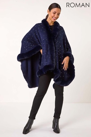 Roman Blue Hotfix Detail Faux Fur Trim Cape (AR8812) | £65