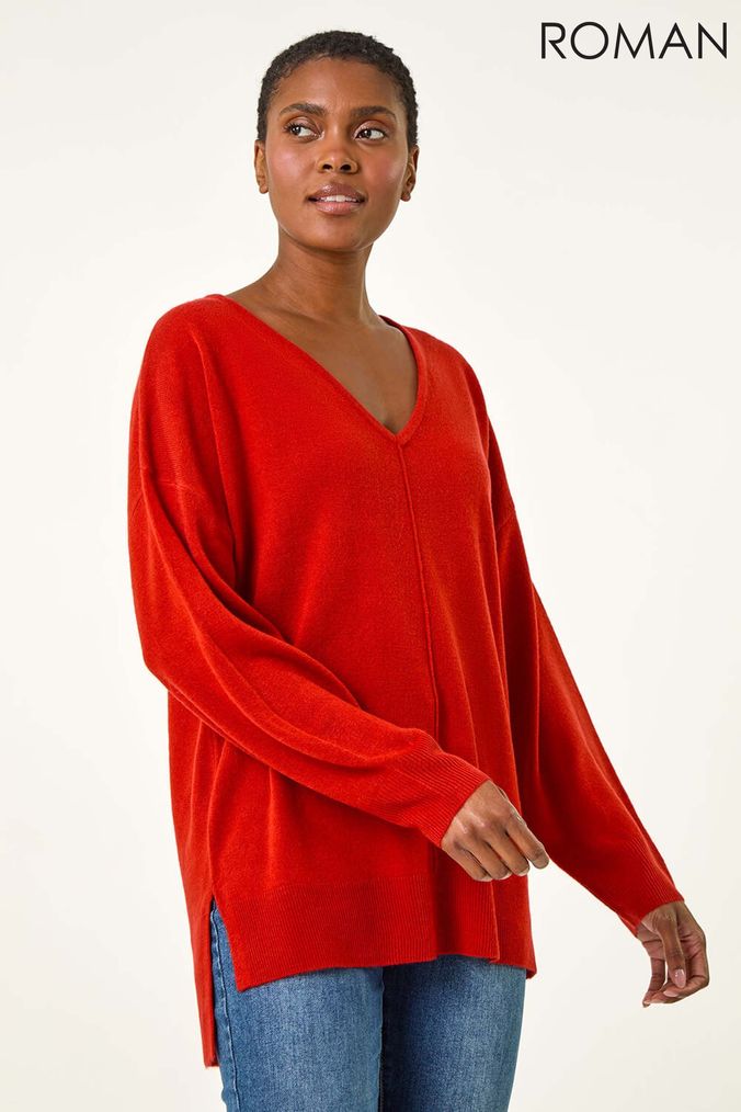 Orange v neck sweater women's top