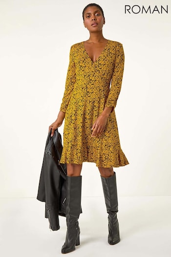 Roman Yellow Floral Print Wrap Front Stretch Dress (AR9955) | £42