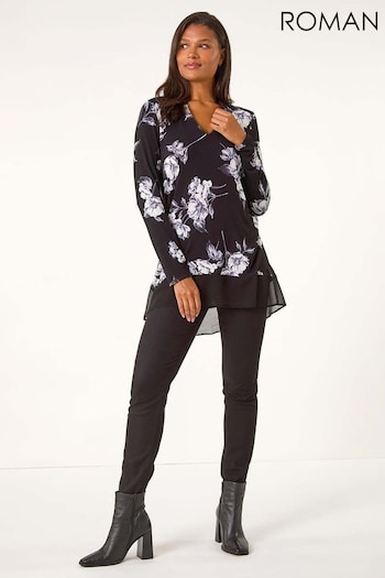 Roman Black Floral Print V-Neck Chiffon Hem Top (AT0019) | £35