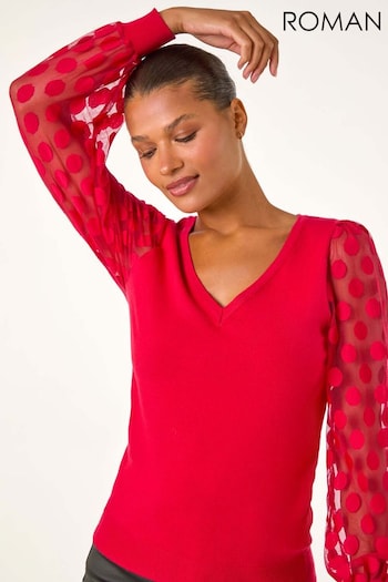 Roman Red Polka Dot V-Neck Sleeve Knit Jumper (AT0027) | £38