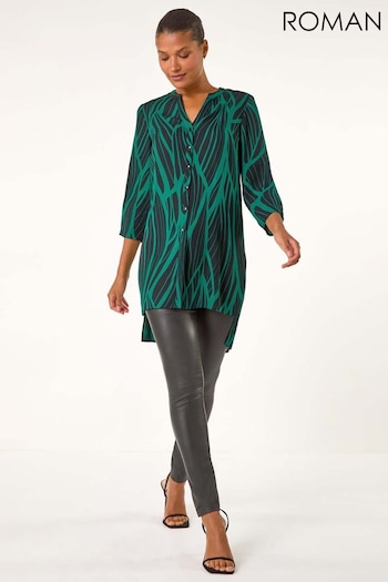 Roman Green Abstract Print V-Neck Longline Blouse (AT0040) | £38