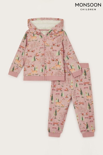 Monsoon Purple Baby Woodland Print Zip 100% Cotton Hoodie and Joggers Set (AT0948) | £36 - £40