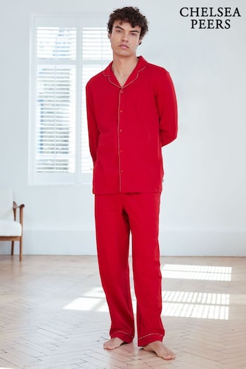 Chelsea Peers Red 100% Organic Cotton Christmas Candy Cane Stripe Trim Long Pyjamas Set (AT1053) | £60