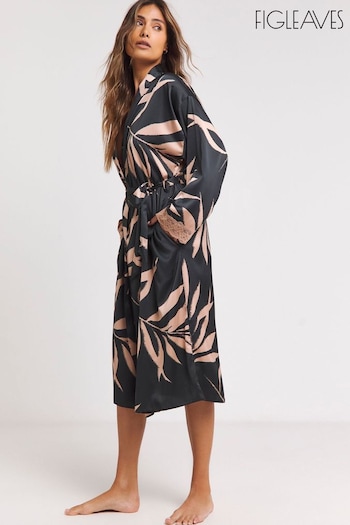 Figleaves Stretch Satin Lace Black Kimono Gown (AT1242) | £36