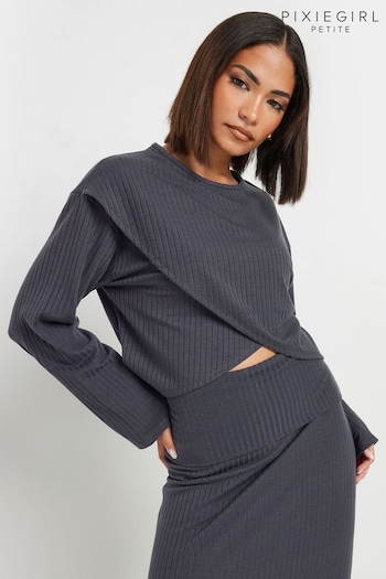 PixieGirl Petite Grey Ribbed Cross Over Top (AT1318) | £27