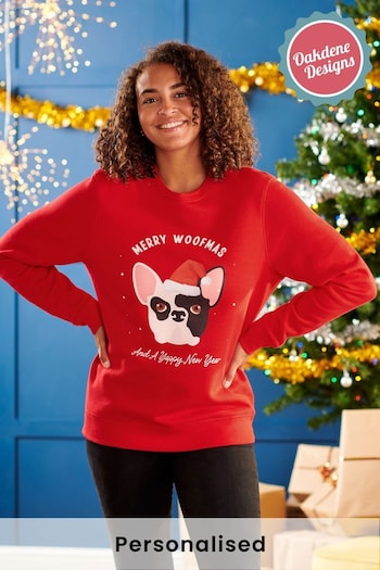 Oakdene Womens Red Personalised Red Dog Breed Christmas Jumper (AT2084) | £30