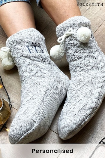 Personalised Grey Pom Pom Slippers (AT2178) | £35