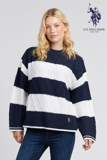 U.S. Polo Assn Blue U.S. Polo Assn. Womens Green Mixed Cable Stripe Jumper (AT2815) | £75