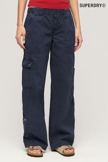 Superdry Blue Low Rise Embroidered Cargo 100% Cotton Trousers (AT3167) | £75