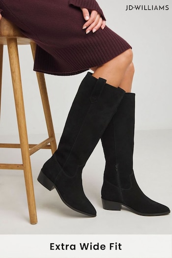 JD Williams Black Knee High Suede Cowboy Boots In Extra Wide Fit (AT3825) | £79