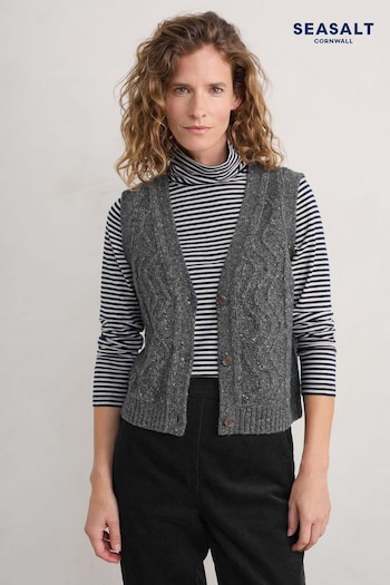 Seasalt Cornwall Grey Pendouer V-Neck Button Up Knitted Vest (AT4349) | £70