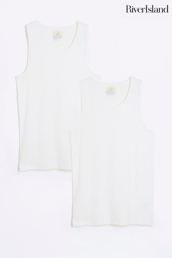 River Island White Plain Rib 100% Cotton Vests 2 Pack (AT4590) | £20