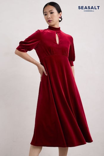 Seasalt Cornwall Red Four Lanes Velvet Empire Line Midi Dress (AT5778) | £86