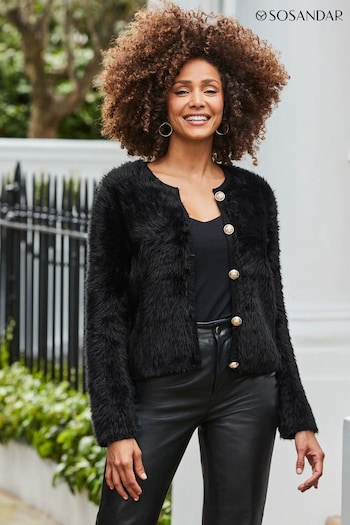 Sosandar Black Fluffy Knit Cardigan With Luxe Gold Buttons (AT6449) | £65