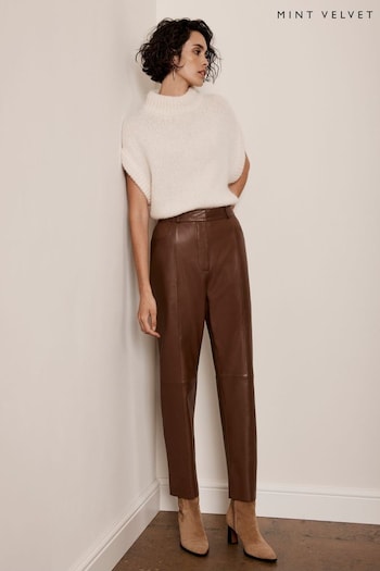 Mint Velvet Brown Leather Tapered Trousers (AT6597) | £299