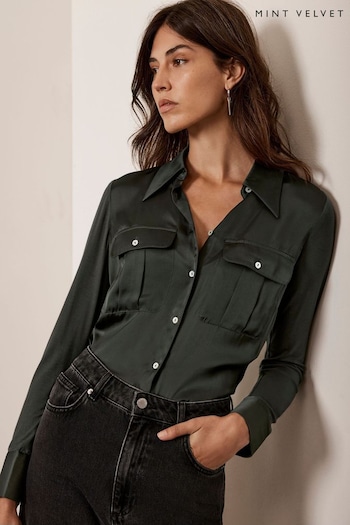 Mint Velvet Green Satin Utility Shirt (AT6602) | £89