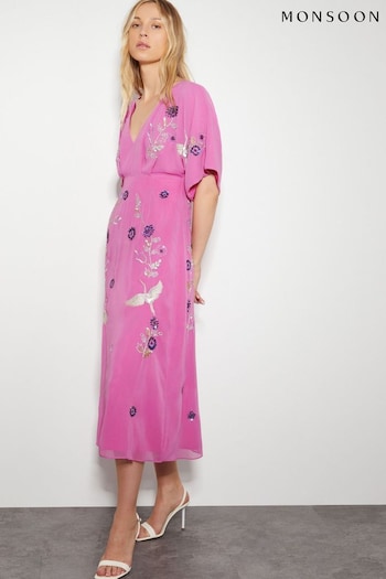 Monsoon Pink Rosalie Embellished Midi Kimono Dress (AT6952) | £150