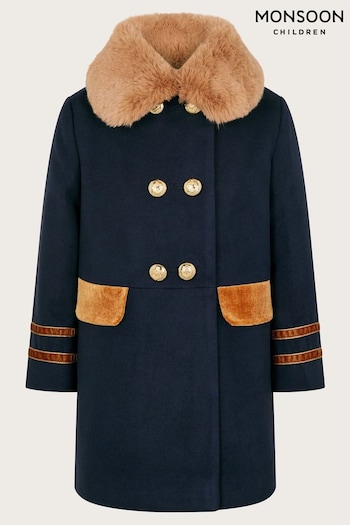 Monsoon Blue Military Faux Fur Trim Coat (AT7004) | £62 - £72