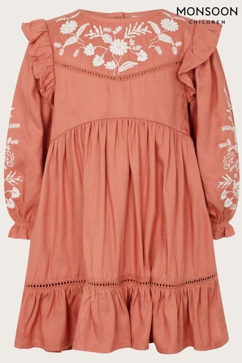 Monsoon Brown Long Sleeve Baby Embroidered Ruffle Dress (AT7008) | £30 - £34