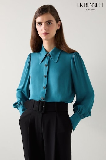 LK Bennett Green Sonya Teal Viscose Crepe Shirt With Sparkle Button (AT7355) | £199