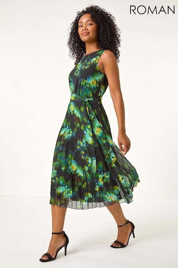 Roman Green Petite Floral Print Pleated Midi Dress (AT7460) | £70