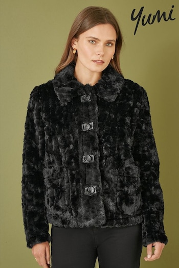 Yumi Black Luxe Textured Faux Fur Jacket With Pockets (AT7567) | £80