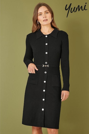 Yumi Black Rib Knit Midi Shirt Dress With Snaffle Belt (AT7574) | £0