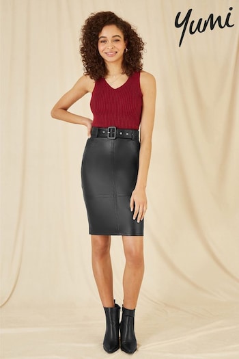 Yumi Black Faux Leather Midi Pencil Skirt With Matching Belt (AT7575) | £50